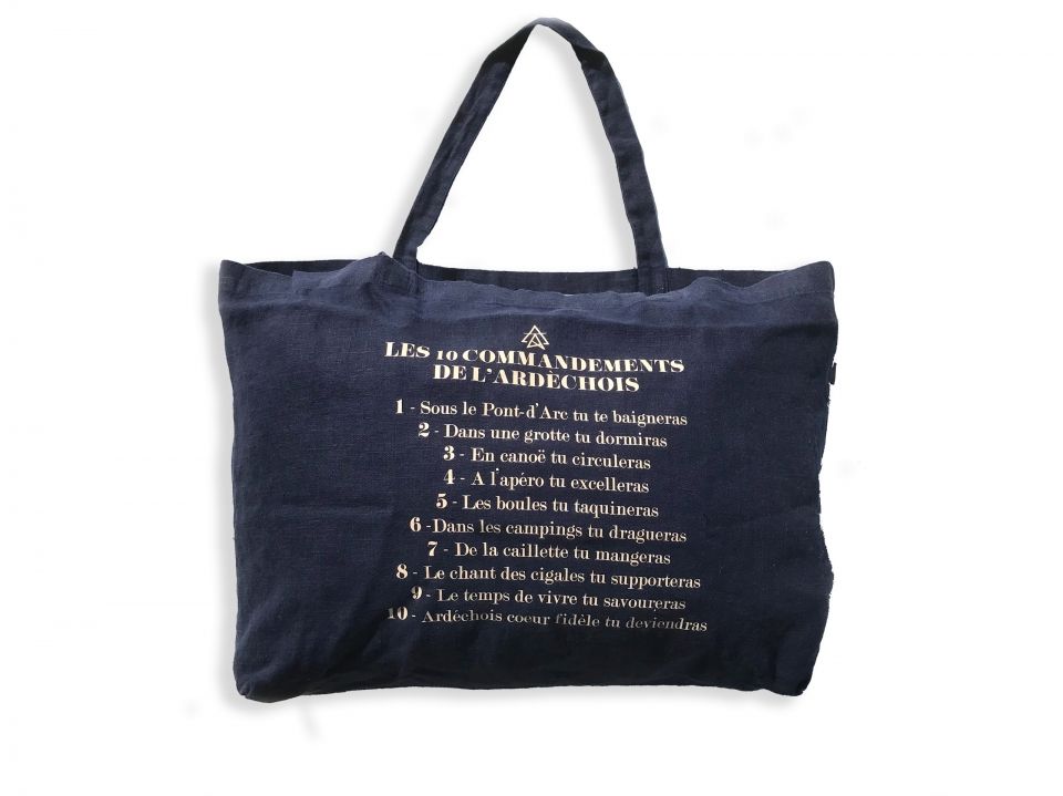 sac cabas 10 commandements de l&#039;ardéchois 100% lin bleu marine