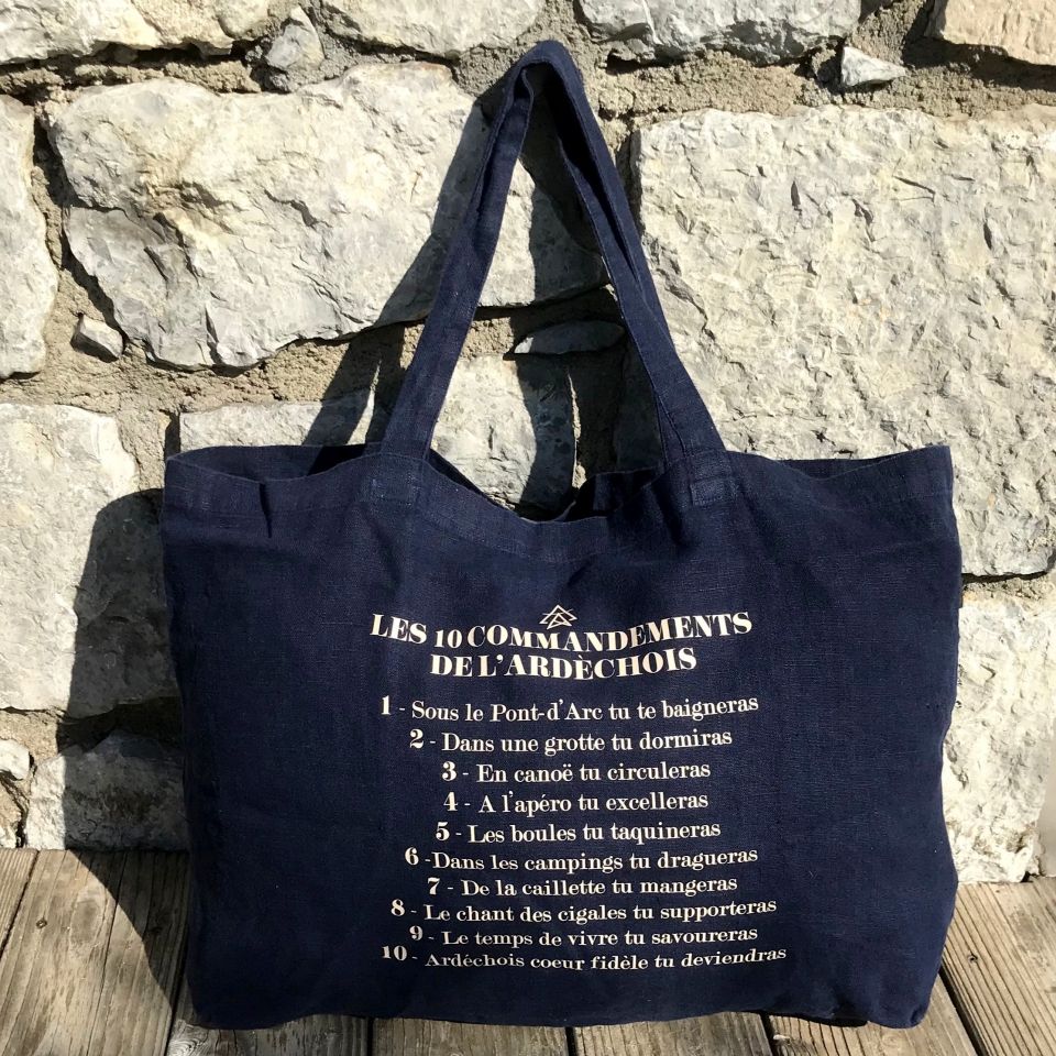 sac cabas 10 commandements de l&#039;ardéchois 100% lin bleu marine