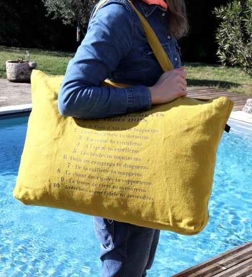 sac cabas 10 commandements de l'ardéchois 100% lin jaune