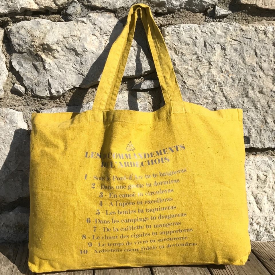 sac cabas 10 commandements de l&#039;ardéchois 100% lin jaune